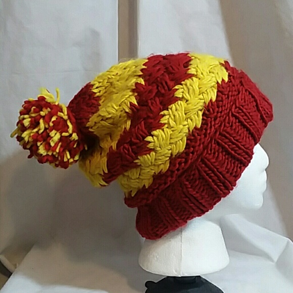 Modena Red Yellow Knit Pompom Slouchy 